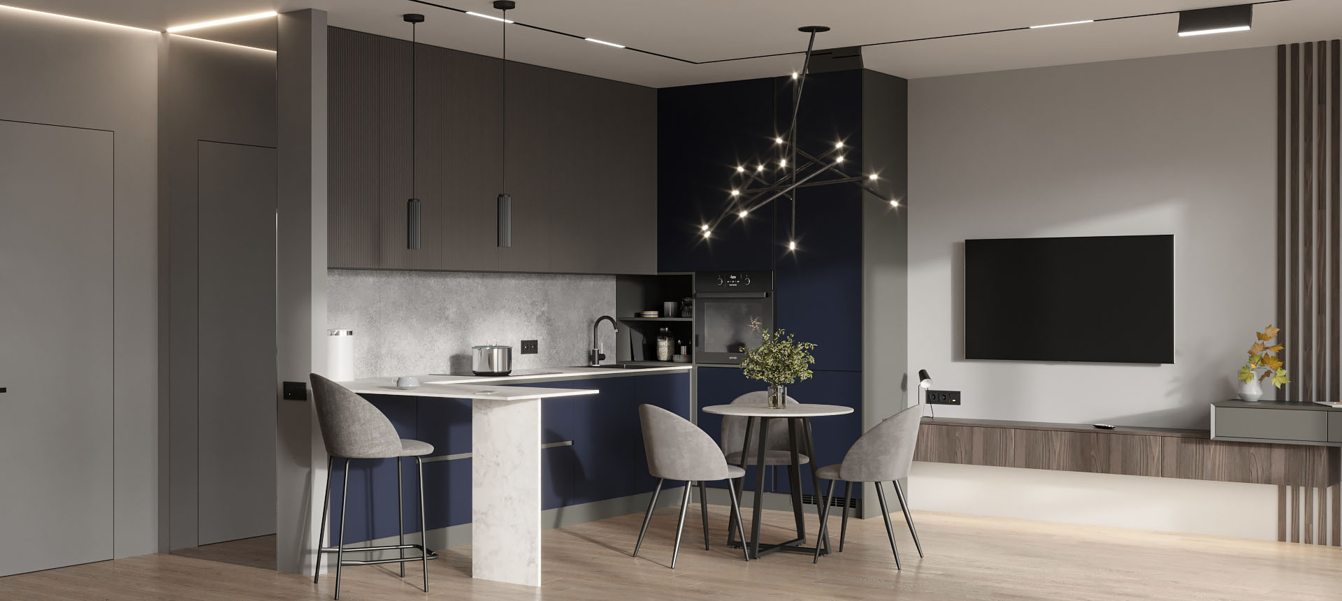 Аквамарин матовый / Дуб Титановый 